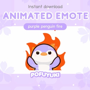 Può includere: Emoticon GIF animato di un pinguino viola in fiamme. Il pinguino indossa una pancia bianca e ha un'espressione carina. Il testo "POFUYUKI" è sotto il pinguino.
