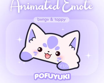Geanimeerde paarse Kitsune-bongo + tik-emotes en waarschuwing voor Twitch Discord Kick schattige kawaii-chibi Kitsune, opgewonden hype paarse Kitsune Fox-emoji's
