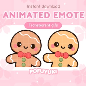 Könnte beinhalten: Animiertes GIF-Emote mit zwei Lebkuchenmännern mit roten Schleifen und lächelnden Gesichtern. Der Hintergrund ist rosa mit weißen Blumendesigns. Der Text "Animated Emote" und "Transparent gifs" wird über den Lebkuchenmännern angezeigt. Der Text "POFUYUKI" wird unter den Lebkuchenmännern angezeigt.