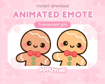 May include: Animated GIF emote featuring two gingerbread people with red bows and smiling faces. The background is pink with white flower designs. The text "Animated Emote" and "Transparent gifs" is displayed above the gingerbread people. The text "POFUYUKI" is displayed below the gingerbread people.