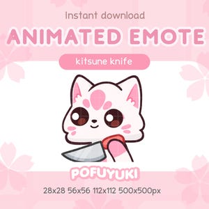 Può includere: Un'emote animata rosa e bianca con una volpe dei cartoni animati con un coltello. La volpe ha macchie rosa e occhi marroni. Il testo "kitsune knife" è sopra la volpe. L'immagine include anche il testo "Instant download" e "POFUYUKI".