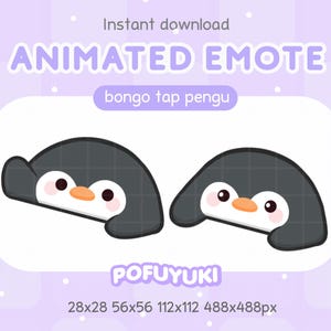 May include: Animated emote featuring two cartoon penguins with black bodies, white bellies, orange beaks, and large eyes. The text "Animated Emote" and "bongo tap pengu" are displayed above the penguins. The image is on a lavender background.