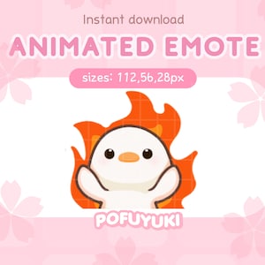 Könnte beinhalten: Animiertes Emoji eines weißen Vogels mit rotem Schnabel und orangefarbenen Flammen darum herum. Der Vogel hebt seine Arme in die Luft. Der Text "POFUYUKI" befindet sich unter dem Vogel. Der Text "sizes: 112,56,28px" befindet sich über dem Vogel.
