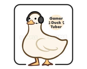 Könnte beinhalten: Cartoon-Illustration einer weißen Ente mit schwarzem Headset und Mikrofon. Die Ente hat einen braunen Umriss, einen gelben Schnabel und Füße. Der Text auf dem Bild lautet "Gamer Duck Tuber". Das Bild befindet sich in einem schwarzen Quadrat.