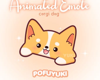 Op de afbeelding: Illustratie van een geanimeerde corgi-hond emote. De cartoon corgi is oranje en wit met een vrolijke uitdrukking. De tekst bevat "Animated Emote", "corgi dog" en de naam van de artiest "POFUYUKI".