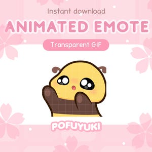 May include: An animated emote featuring a yellow and brown bee character with large black eyes and raised arms. The graphic includes the text "Instant download", "ANIMATED EMOTE", "Transparent GIF", and "POFUYUKI" on a pink background with flowers.