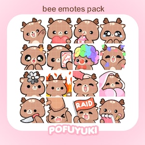Könnte beinhalten: Eine Sammlung niedlicher Cartoon-Bienen-Emotes mit verschiedenen Ausdrücken, darunter ein Herz halten, weinen und ein Messer halten. Die Emotes sind braun mit großen Augen und kleinen Geweihen. Der Text "bee emotes pack" steht oben und "POFUYUKI" unten.