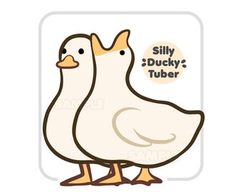 Könnte beinhalten: Cartoon-Illustration von zwei weißen Enten mit braunen Umrissen und orangefarbenen Schnäbeln und Füßen. Die Enten stehen nebeneinander, mit dem Text "Silly Ducky: Tuber" in einem Kreis oben rechts.