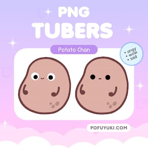 Pode incluir: Ilustração digital de dois personagens de batata de desenho animado, um feliz e outro triste, rotulados como "Potato Chan". A imagem inclui o texto "PNG TUBERS" e uma lista de emoções: "+ angy + wow + sad."