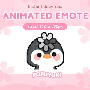 Puede incluir: Emoticono animado de un pingüino blanco y negro con una flor blanca en la cabeza. El pingüino tiene un rubor rosado en las mejillas y un pequeño pico naranja. El texto "POFUYUKI" está debajo del pingüino. El texto "sizes: 112 & 300px" está encima del pingüino.