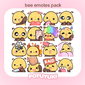 Puede incluir: Un paquete de 16 emoticonos de abejas de dibujos animados con varias expresiones y accesorios. Las abejas son amarillas y marrones con ojos negros y antenas. El texto "bee emotes pack" está en la parte superior.