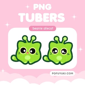 以下が含まれることがあります： 大きな黒い目と触角を持つ、2匹の緑色のエイリアンキャットハイブリッドのデジタルグラフィック。上部には「PNG TUBERS」、下部には「beanie aliecat」と書かれています。背景はピンク色で白い星のアクセントがあり、下部にはウェブサイトPOFUYUKI.COMがあります。