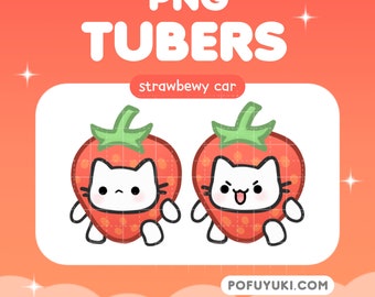 Puede incluir: Dos gatos de dibujos animados con trajes de fresa. Los gatos son blancos con ojos negros y bigotes. Las fresas son rojas con hojas verdes. El texto "strawbewy car" está por encima de los gatos. El texto "POFUYUKI.COM" está debajo de los gatos.