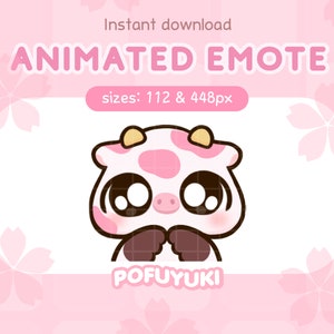 Emote animé mignon vache aux fraises timide pour Twitch, Discord et Youtube, emote vache rose rougissante - téléchargement immédiat