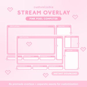 May include: Pink pixel computer stream overlay with customizable premade overlays and separate assets. The overlay features a pink computer screen with a heart icon and the text "NOW PLAYING".
