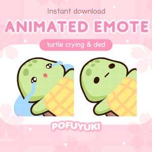 Pode incluir: Gráfico rosa com dois emotes de tartaruga de desenho animado. Uma tartaruga está chorando com lágrimas azuis, e a outra está olhando para baixo. O texto diz "Animated Emote" e "turtle crying & ded."