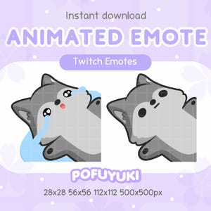 May include: Animated Twitch emotes featuring a gray cartoon wolf with two different expressions. One emote shows the wolf crying with blue tears, and the other shows a neutral expression. The text "Instant download" and "Animated Emote" are displayed.