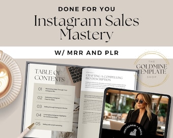 May include: A digital marketing guide titled "Instagram Sales Mastery" with a table of contents and a strategy for crafting a compelling bio description. The guide is designed to be edited in Canva and includes 19 proven sales strategies.