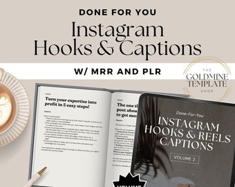 May include: A close-up of a book open to a page with the title "Turn your expertise into profit in 5 easy steps!" and a tablet with the title "The one thing you need to post about to get more clients". The book and tablet are on a white surface with a glass of liquid and a pen. The image is titled "Done-For-You Instagram Hooks & Reels Captions Volume 2".