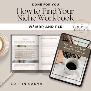 May include: A digital workbook titled "How to Find Your Niche Workbook" with the subtitle "Discover Your Ideal Market for Digital Products". The workbook is open to a page titled "Aligning Your Interests with Potential Niches" and a page titled "Welcome". The workbook is on a tablet computer with a cup of coffee and a laptop computer in the background.