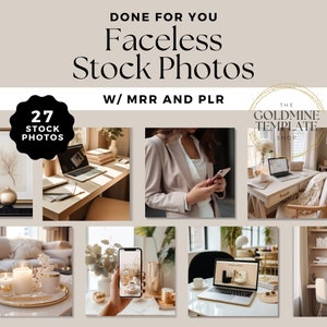 以下が含まれることがあります： 顔のないストックフォト27枚のセット。電話を使用している女性、机の上のラップトップ、テーブルの上のキャンドルなど、さまざまなシーンが写っています。写真はすべてニュートラルなカラーパレットで、ミニマルな美学を持っています。