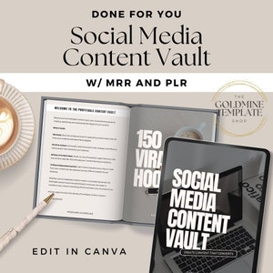 Könnte beinhalten: Ein digitales Tablet zeigt ein Mockup eines Social-Media-Content-Vaults mit dem Text "Social Media Content Vault" und "Create Content That Converts". Das Tablet liegt auf einer weißen Oberfläche mit einer Tasse Kaffee und einem Buch im Hintergrund. Der Text "DONE FOR YOU" und "W/MRR AND PLR" befindet sich oben im Bild.