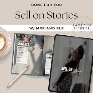 May include: A digital product cover with a woman smiling and holding a curtain. The cover is for a guide called "Sell on Stories: Convert Followers to Engaging Your Stories". The cover is on a tablet with a gray background. The guide is for selling on Instagram stories and includes a table of contents with topics like story strategy, story content, and stories done's.