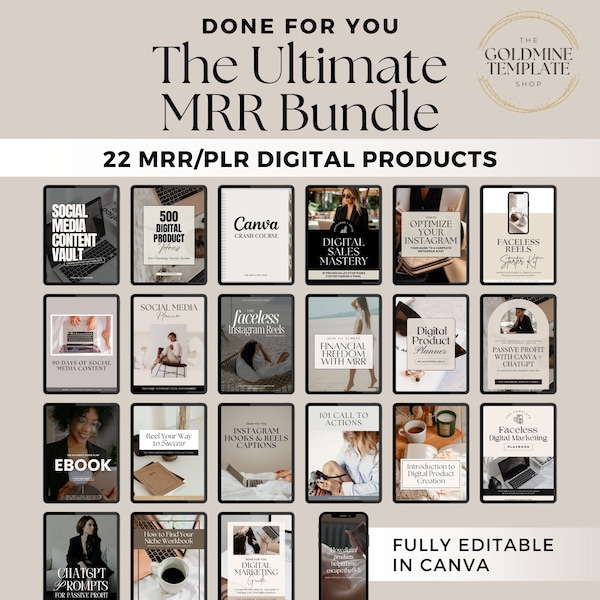 Ultimate MRR PLR RESELL Bundle, 22 digital ebooks guides templates for digital marketing business on social media Instagram, dfy, faceless