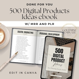 Puede incluir: Un ebook de ideas de productos digitales con una portada marrón y blanca que muestra una tableta con el texto "500 Digital Product Ideas" y la frase "Start Earning Passive Income". El ebook se titula "500 Digital Products Ideas ebook" e incluye el texto "W/ MRR AND PLR" y "Edit in Canva".