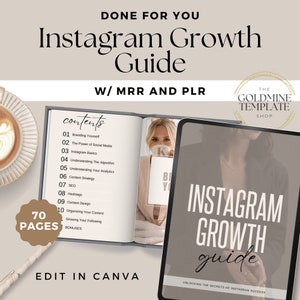 Könnte beinhalten: Ein digitaler Leitfaden zum Wachstum Ihres Instagram-Kontos. Der Leitfaden trägt den Titel "Instagram Growth Guide" und umfasst 70 Seiten Inhalt. Der Leitfaden ist für die Bearbeitung in Canva konzipiert. Der Leitfaden ist mit Master Resale Rights (MRR) und Private Label Rights (PLR) zum Kauf erhältlich.