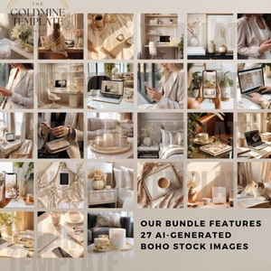 May include: A collection of 27 AI-generated stock images featuring a bohemian aesthetic. The images showcase various scenes, including a woman working at a desk, a cozy living room with candles, and a cup of coffee on a table. The images are perfect for use in social media, websites, and other marketing materials.