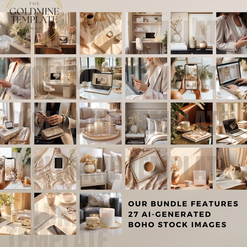 May include: A collection of 27 AI-generated stock images featuring a bohemian aesthetic. The images showcase various scenes, including a woman working at a desk, a cozy living room with candles, and a cup of coffee on a table. The images are perfect for use in social media, websites, and other marketing materials.
