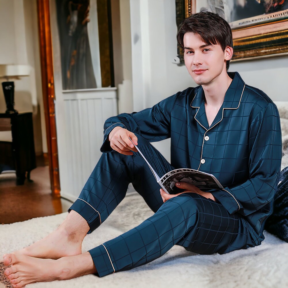 Men Pajamas Suit With Short Casual Luxury Pijamas For Men Plaid
