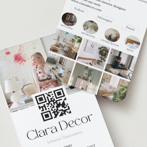 May include: A business card for an interior decorator named Clara Decor. The card features a QR code, a photo of the decorator, and a grid of images showcasing different rooms in a home. The text on the card reads "Clara Decor, Interior Decorator, www.claradecor.com".