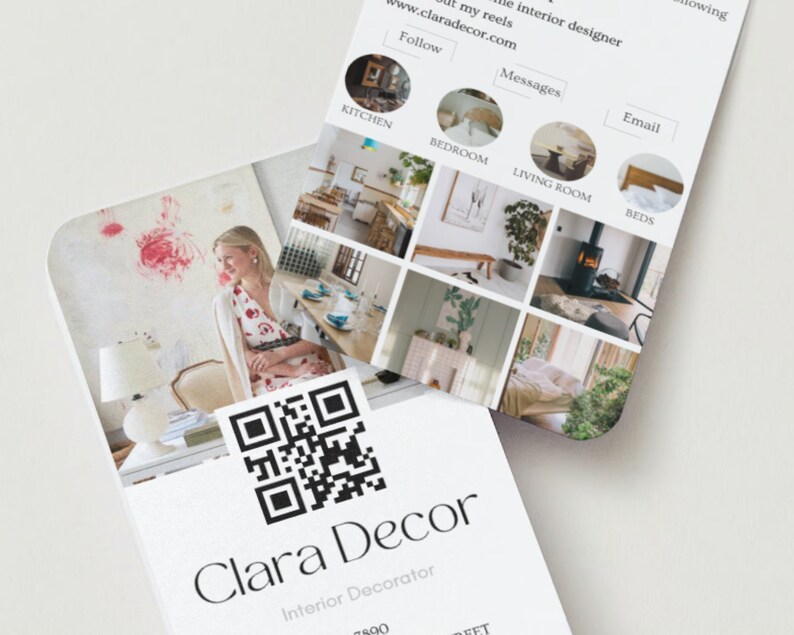 May include: A business card for an interior decorator named Clara Decor. The card features a QR code, a photo of the decorator, and a grid of images showcasing different rooms in a home. The text on the card reads "Clara Decor, Interior Decorator, www.claradecor.com".