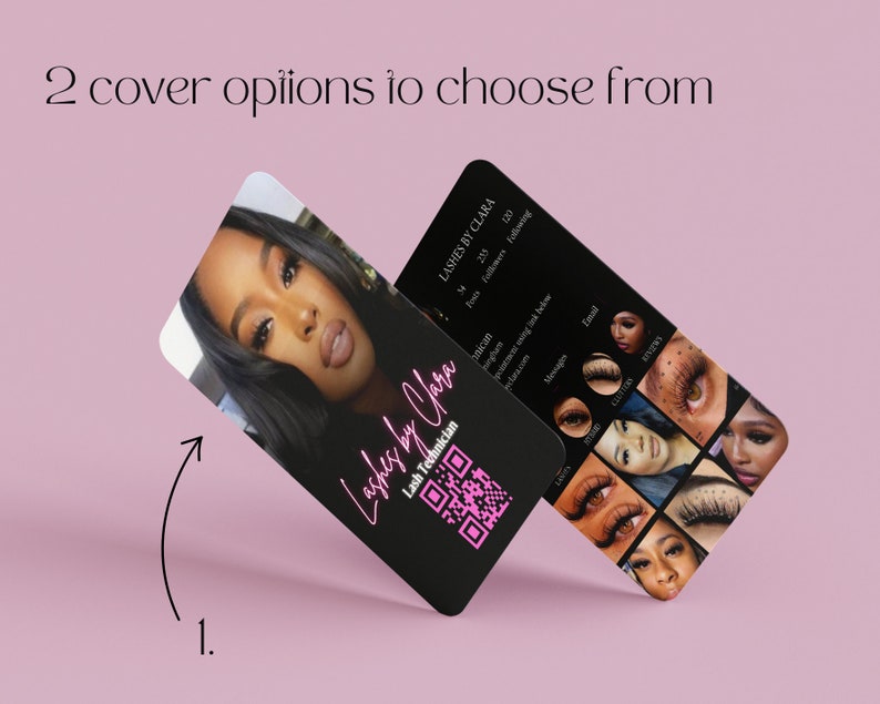 May include: Two business card designs for a lash technician named Clara. The first card features a photo of a woman with long eyelashes and the text "Lashes by Clara" and "Lash Technician". The second card features a collage of photos of different eye lash styles.