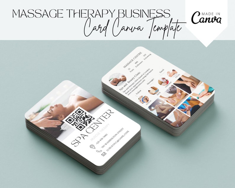 May include: A white business card with a spa center logo and contact information. The card features a photo of a woman receiving a massage. The back of the card has a grid of photos showing different massage techniques.