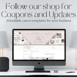 Op de afbeelding: Een computerscherm dat een website weergeeft met de tekst "Follow our shop for Coupons and Updates" en "Affordable canva templates for your business". De website is voor "Fhs Templates" en heeft een roze en witte kleurschema.