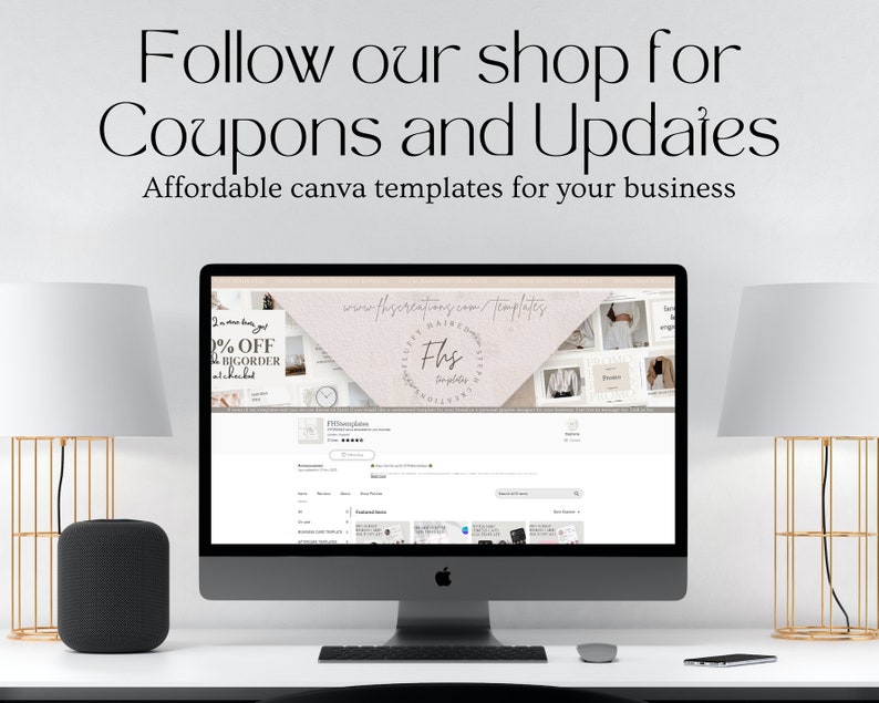 Op de afbeelding: Een computerscherm dat een website weergeeft met de tekst "Follow our shop for Coupons and Updates" en "Affordable canva templates for your business". De website is voor "Fhs Templates" en heeft een roze en witte kleurschema.