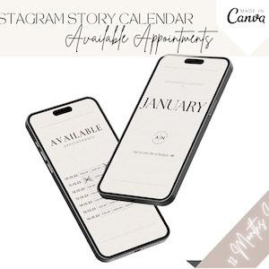 Puede incluir: Una plantilla de calendario digital para historias de Instagram, que muestra una maqueta de pantalla de teléfono inteligente con el mes de enero y el texto "Available Appointments". La plantilla incluye una cuadrícula de calendario con fechas y horas para reservar citas. El texto "12 Months Included" es visible en la esquina inferior derecha.