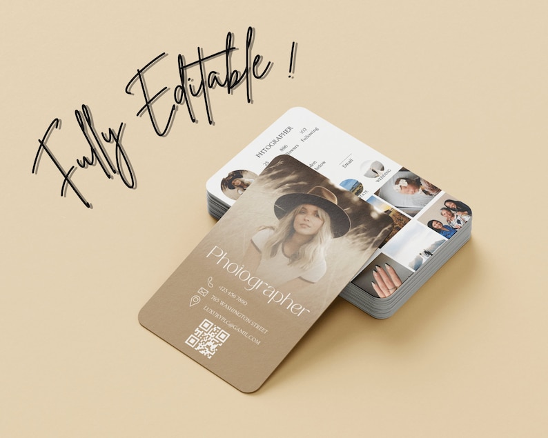 Carte de visite Instagram 2025 du photographe, photographe de cartes de visite Canva DIY, carte de visite avec code QR, cartes d'influence, modèle IG Canva image 2