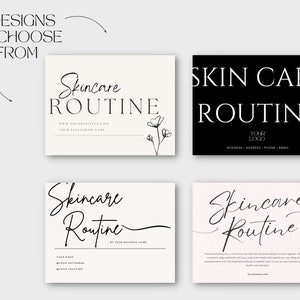 May include: Four different designs for a skincare routine business card. The designs feature a black and white color scheme with different fonts and layouts. The text on the cards includes "Skincare Routine", "Your Logo", "Business | Address | Phone | Email", and "By Your Business Name".