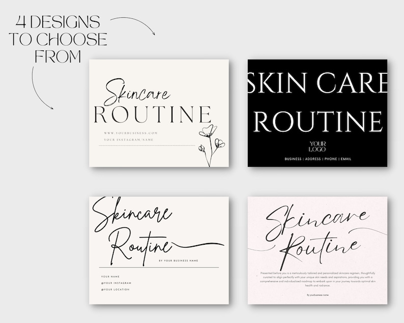 May include: Four different designs for a skincare routine business card. The designs feature a black and white color scheme with different fonts and layouts. The text on the cards includes "Skincare Routine", "Your Logo", "Business | Address | Phone | Email", and "By Your Business Name".