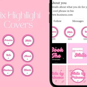 May include: Six pink and white Instagram highlight covers with text that says "Pricelists", "Nails", "Info", "About", "Reviews", and "Clients".