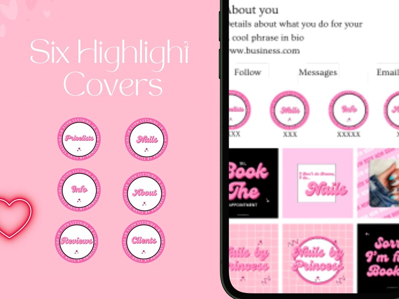 May include: Six pink and white Instagram highlight covers with text that says "Pricelists", "Nails", "Info", "About", "Reviews", and "Clients".