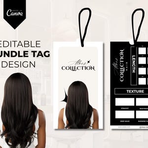 Può includere: Design di etichetta bundle modificabile con il testo "Made in Canva". I tag sono bianchi e neri, con le parole "Collection Hair" e opzioni per lunghezza e consistenza. L'immagine include una donna con lunghi capelli scuri.