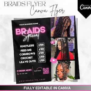 May include: A black and pink flyer advertising braids with a price list for different styles. The flyer includes photos of women with different braids and the text "BRAIDS Special".