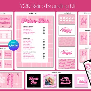 May include: A pink and white branding kit for a nail salon called "Skincare Routine". The kit includes a price list, loyalty cards, gift voucher cards, business cards, and Instagram post templates. The price list includes services such as pedicures, acrylic nails, and gel and dip powder nails. The loyalty cards feature a pink and white pattern with the word "Royal" in a pink retro font. The gift voucher cards are pink with white text. The business cards are pink with white text and a QR code. The Instagram post templates feature pink and white designs with text such as "Book The Appointment" and "Sorry I'm Fully Booked!"