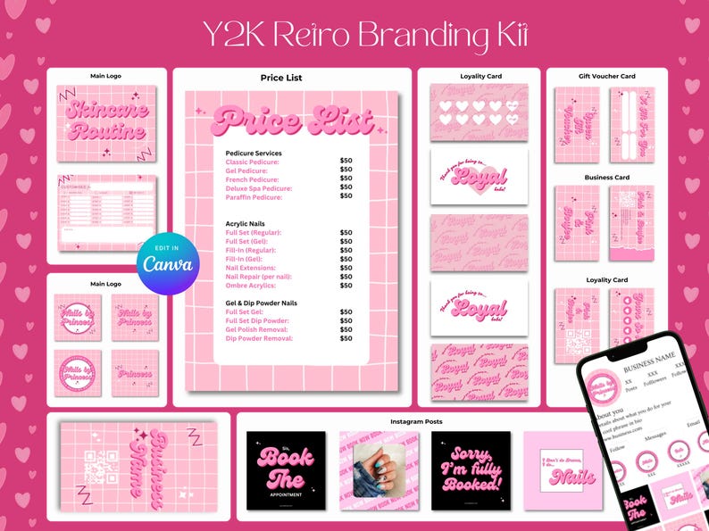 May include: A pink and white branding kit for a nail salon called "Skincare Routine". The kit includes a price list, loyalty cards, gift voucher cards, business cards, and Instagram post templates. The price list includes services such as pedicures, acrylic nails, and gel and dip powder nails. The loyalty cards feature a pink and white pattern with the word "Royal" in a pink retro font. The gift voucher cards are pink with white text. The business cards are pink with white text and a QR code. The Instagram post templates feature pink and white designs with text such as "Book The Appointment" and "Sorry I'm Fully Booked!"