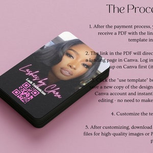 May include: A stack of black business cards with a pink and white QR code, the text "Lashes by Clara" and the words "Lash Technician". The image also shows a woman's face with makeup.